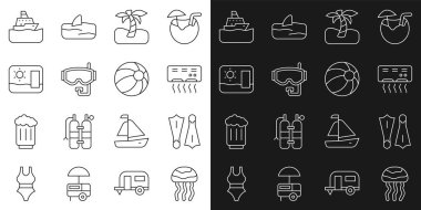 Set line Jellyfish Rubber flippers for swimming Air conditioner Tropical palm tree Diving mask Travel postcard Cruise ship and Beach ball icon. Vector.