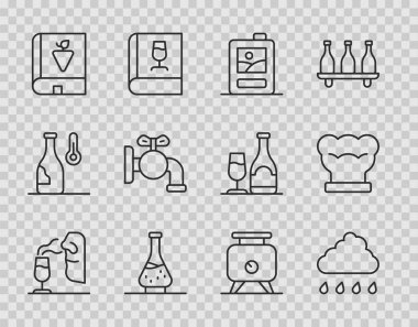 Set line Sommelier Cloud with rain Cardboard box of wine Decanter for Book about grapes Tap barrel Fermentation and Chef hat icon. Vector.