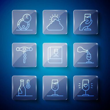 Set line Wine temperature glass tasting degustation Book about wine corkscrew Wooden barrel for and icon. Vector.