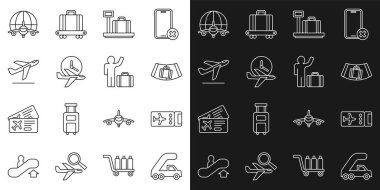 Set line Passenger ladder for plane boarding Airline ticket Conveyor belt with suitcase Scale Flight time Plane takeoff Globe flying and Tourist icon. Vector.