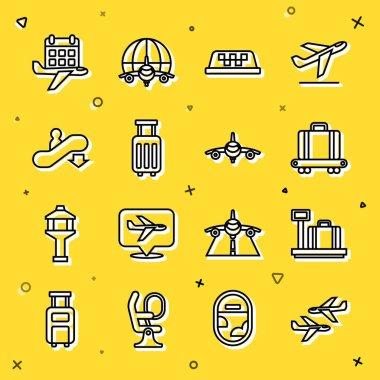 Set line Plane Scale with suitcase Conveyor belt Taxi car roof Suitcase Escalator down Calendar and airplane and icon. Vector.