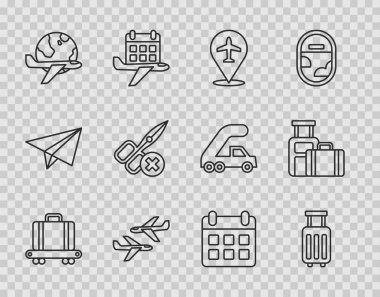 Set line Conveyor belt with suitcase Suitcase Plane Globe flying plane No scissors Calendar and airplane and icon. Vector.