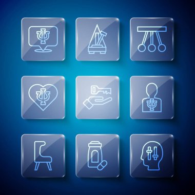 Set line Armchair Sedative pills Solution to the problem Pendulum Psychology Psi and icon. Vector.