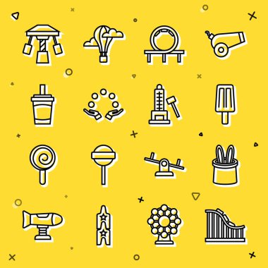 Set line Roller coaster Magician hat and rabbit ears Ice cream Juggling ball Paper glass with water Attraction carousel and Striker attraction hammer icon. Vector.