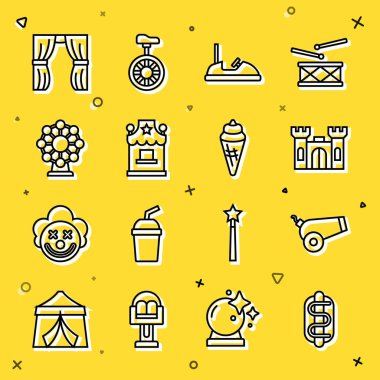 Set line Hotdog sandwich Cannon Castle Bumper car Ticket box office Ferris wheel Circus curtain raises and Ice cream waffle cone icon. Vector.