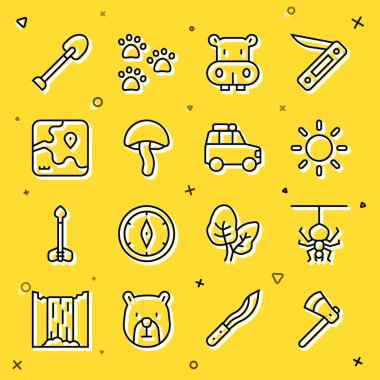 Set line Wooden axe Spider Sun Hippo or Hippopotamus Mushroom Africa safari map Shovel and Car icon. Vector.