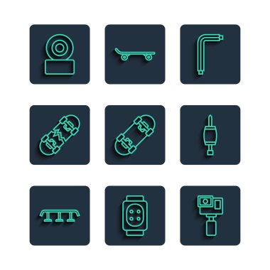 Set line Skateboard stairs with rail Knee pads Action camera Tool allen keys Broken skateboard wheel and Screwdriver icon. Vector.