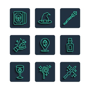 Set line Medieval goblet Magic staff wand stone Hand holding fire Tarot cards and Bottle with potion icon. Vector.