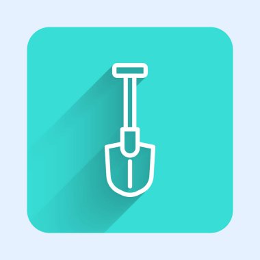 White line Fire shovel icon isolated with long shadow background. Fire protection equipment. Equipment for firefighter. Green square button. Vector.
