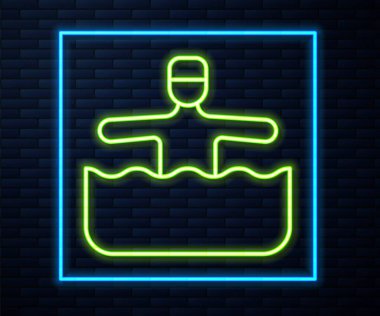 Glowing neon line Water gymnastics icon isolated on brick wall background. Vector.