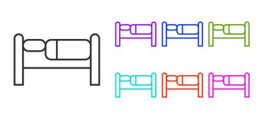 Siyah çizgi yatak simgesi beyaz arkaplanda izole edildi. Simgeleri renklendirin. Vektör.