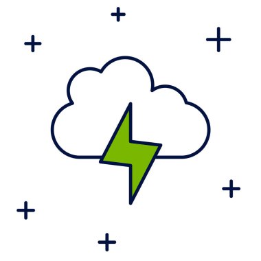 Doldurulmuş Storm simgesi beyaz arkaplanda izole edildi. Bulut ve şimşek işareti. Fırtınanın hava durumu ikonu. Vektör.