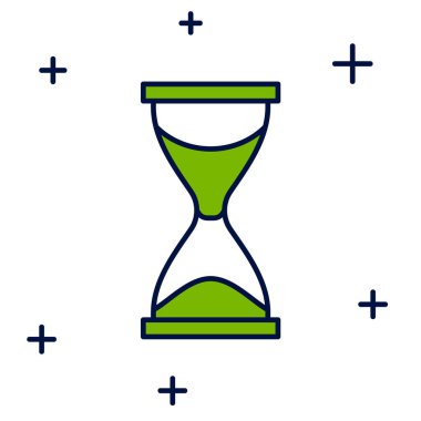 Beyaz arka planda izole edilmiş eski kum saati simgesiyle doldurulmuş. Kum saati işareti. İş ve zaman yönetimi kavramı. Vektör.