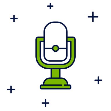 Beyaz arkaplanda izole edilmiş ana hatlı mikrofon simgesi. Radyodaki mikrofondan. Sözcü işareti. Vektör.