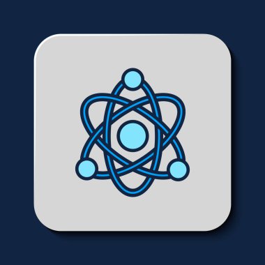 Filled outline Atom icon isolated on blue background. Symbol of science, education, nuclear physics, scientific research. Vector.