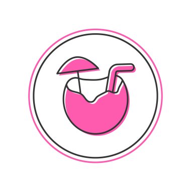 Filled outline Coconut juice exotic fresh cocktail and umbrella icon isolated on white background. Vector.