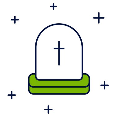 Beyaz arkaplanda izole edilmiş, üzerinde RIP yazılı Tombstone ana hatlarıyla doldurulmuş. Mezar ikonu. Mutlu Cadılar Bayramı Partisi. Vektör.