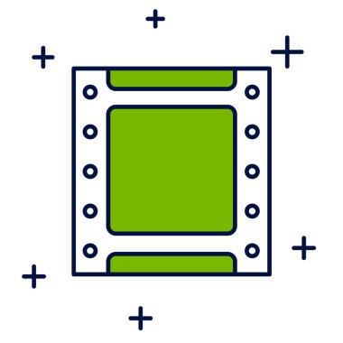 Doldurulmuş ana hatlı Play Video simgesi beyaz arkaplanda izole edildi. Film şeridi tabelası. Vektör.