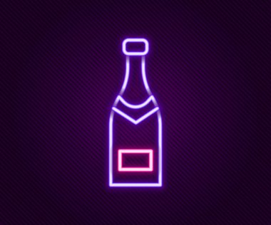 Parlayan neon hattı, siyah arka planda izole edilmiş şampanya şişesi ikonu. Renkli taslak konsepti. Vektör.