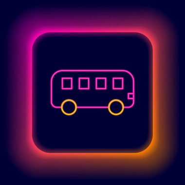 Parlayan neon hattı otobüs oyuncağı simgesi siyah arkaplanda izole edildi. Renkli taslak konsepti. Vektör.