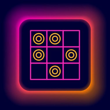 Siyah arkaplanda parlayan neon çizgi oyunu Checkers simgesi izole edildi. Antik entelektüel masa oyunu. Satranç tahtası. Beyaz ve siyah cipsler. Renkli taslak konsepti. Vektör.
