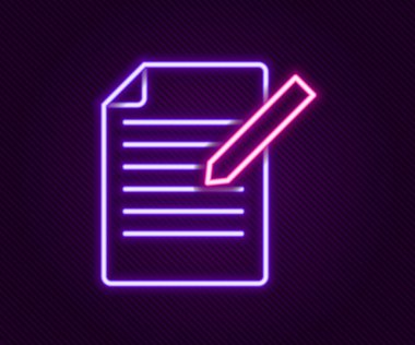 Parlayan neon hattı Belgesi ve kalem simgesi siyah arkaplanda izole edildi. Dosya simgesi. Kontrol listesi simgesi. İş konsepti. Renkli taslak konsepti. Vektör.