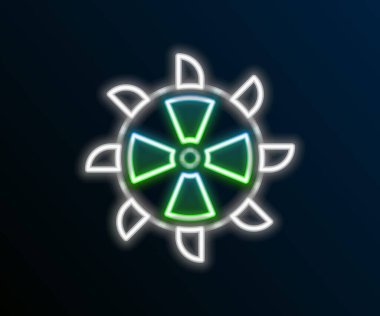 Parlayan neon hattı Bucket tekerlek kazıcı simgesi siyah arkaplanda izole edildi. Renkli taslak konsepti. Vektör.