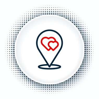 Beyaz arkaplanda kalp simgesi olan çizgi haritası işaretçisi. Sevgililer Günü. Aşk yeri. Romantik harita iğnesi. Renkli taslak konsepti. Vektör.