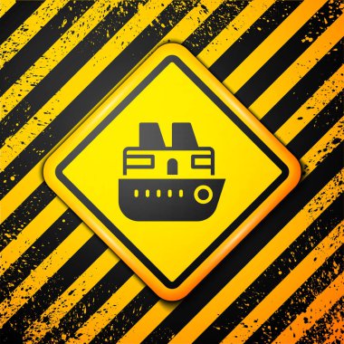 Siyah Gemi simgesi sarı arka planda izole edildi. Seyahat turizmi deniz taşımacılığı. Yolcu gemisi, yolcu gemisi. Dünya çapında bir gezi. Uyarı işareti. Vektör.