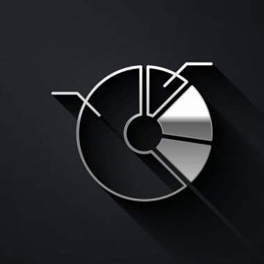 Siyah arkaplanda izole edilmiş Gümüş Pasta grafiği bilgi simgesi. Diyagram çizelgesi. Uzun gölge tarzı. Vektör.