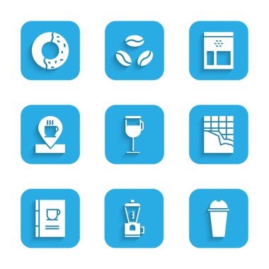 Set Irish coffee Electric grinder Milkshake Chocolate bar Coffee book Location with cup Bag beans and Donut sweet glaze icon. Vector.