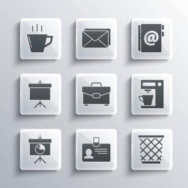 Set Identification badge Trash can Coffee machine Briefcase Chalkboard with diagram cup and Address book icon. Vector.