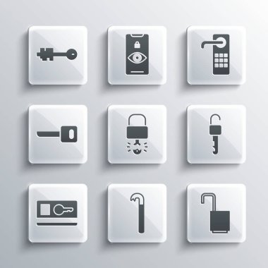 Set Crowbar Open padlock Unlocked key Key broke inside of card Old and Digital door icon. Vector.