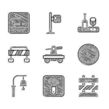 Set Draisine or handcar Repair of railway End tracks Train station clock bell Road barrier Wine bottle with glass and Smoking area icon. Vector.