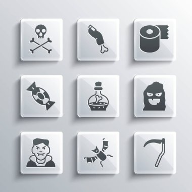 Set Flying bat Scythe Funny and scary ghost mask Bottle with potion Vampire Candy Skull crossbones and Toilet paper roll icon. Vector.