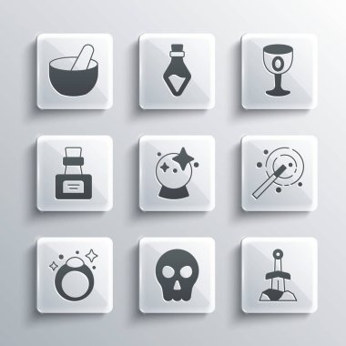 Set Skull Sword in the stone Magic wand ball ring Bottle with potion Witch cauldron and Medieval goblet icon. Vector.