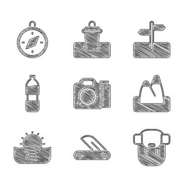 Set Photo camera Swiss army knife Hiking backpack Mountains Sunrise Bottle of water Road traffic sign and Compass icon. Vector.