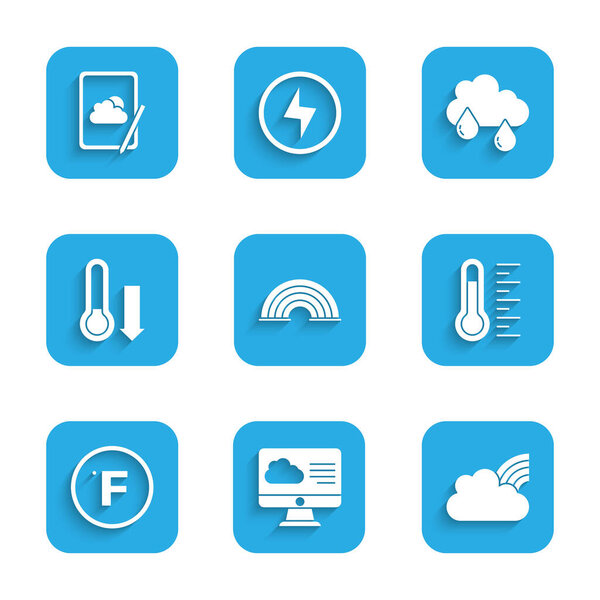 Set Rainbow Weather forecast with clouds Meteorology thermometer Fahrenheit Cloud rain and icon. Vector.
