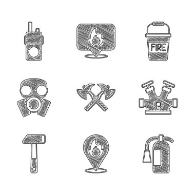 Set Firefighter axe Location with fire flame extinguisher hydrant Hammer Gas mask bucket and Walkie talkie icon. Vector.