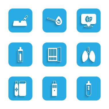 Set Cigarette case Vape mod device Electronic cigarette Lungs Tobacco leaf and Ashtray with icon. Vector.