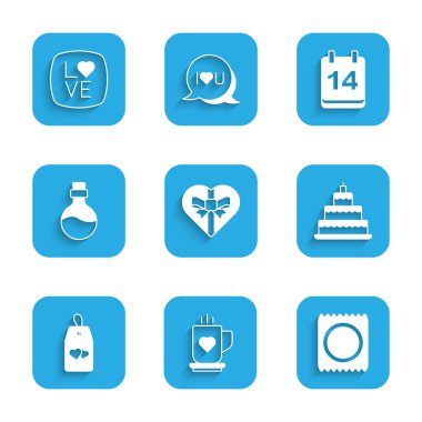 Set Candy in heart shaped box Coffee cup Condom package Wedding cake Please not disturb with Bottle love potion Calendar February 14 and Love text icon. Vector.