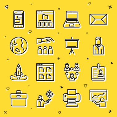 Set line Training presentation Identification badge Worker Laptop Boss with employee Earth globe Chat messages phone and Chalkboard icon. Vector.