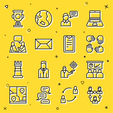 Set line Project team base Training presentation Speech bubble chat Envelope Two sitting men talking Award cup and Clipboard with checklist icon. Vector.