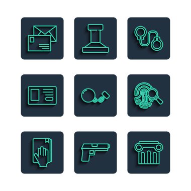 Set line Oath on the Holy Bible Pistol or gun Law pillar Handcuffs Ball chain Identification badge Envelope and Fingerprint icon. Vector.