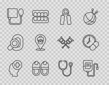 Set line Male head with hospital IV bag Sport expander Slippers Blood pressure Nursing home Stethoscope and Medicine pill tablet icon. Vector.