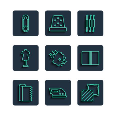 Set line Textile fabric roll Electric iron Crochet hook Leather Mannequin Safety pin and icon. Vector.