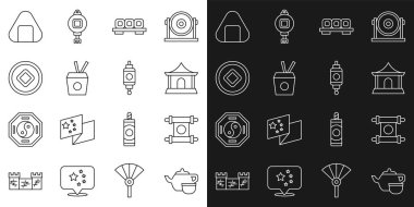 Set line Chinese tea ceremony Decree paper parchment scroll house Sushi cutting board Noodles box and chopsticks Yuan currency and lantern icon. Vector.