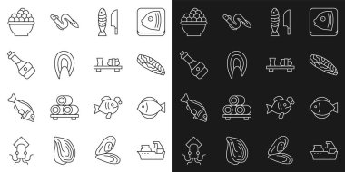 Set line Fishing boat steak with sliced pieces Soy sauce bottle Caviar and Sushi on cutting board icon. Vector.