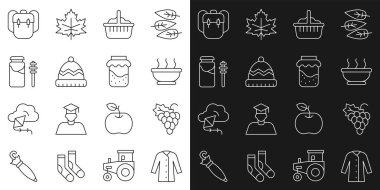 Set line Raincoat Grape fruit Bowl of hot soup Basket Winter hat Jar honey and dipper stick School backpack and Jam jar icon. Vector.