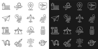 Set line Globe with flying plane Suitcase Human waiting airport terminal Plane Paper airplane Airport control tower and icon. Vector.